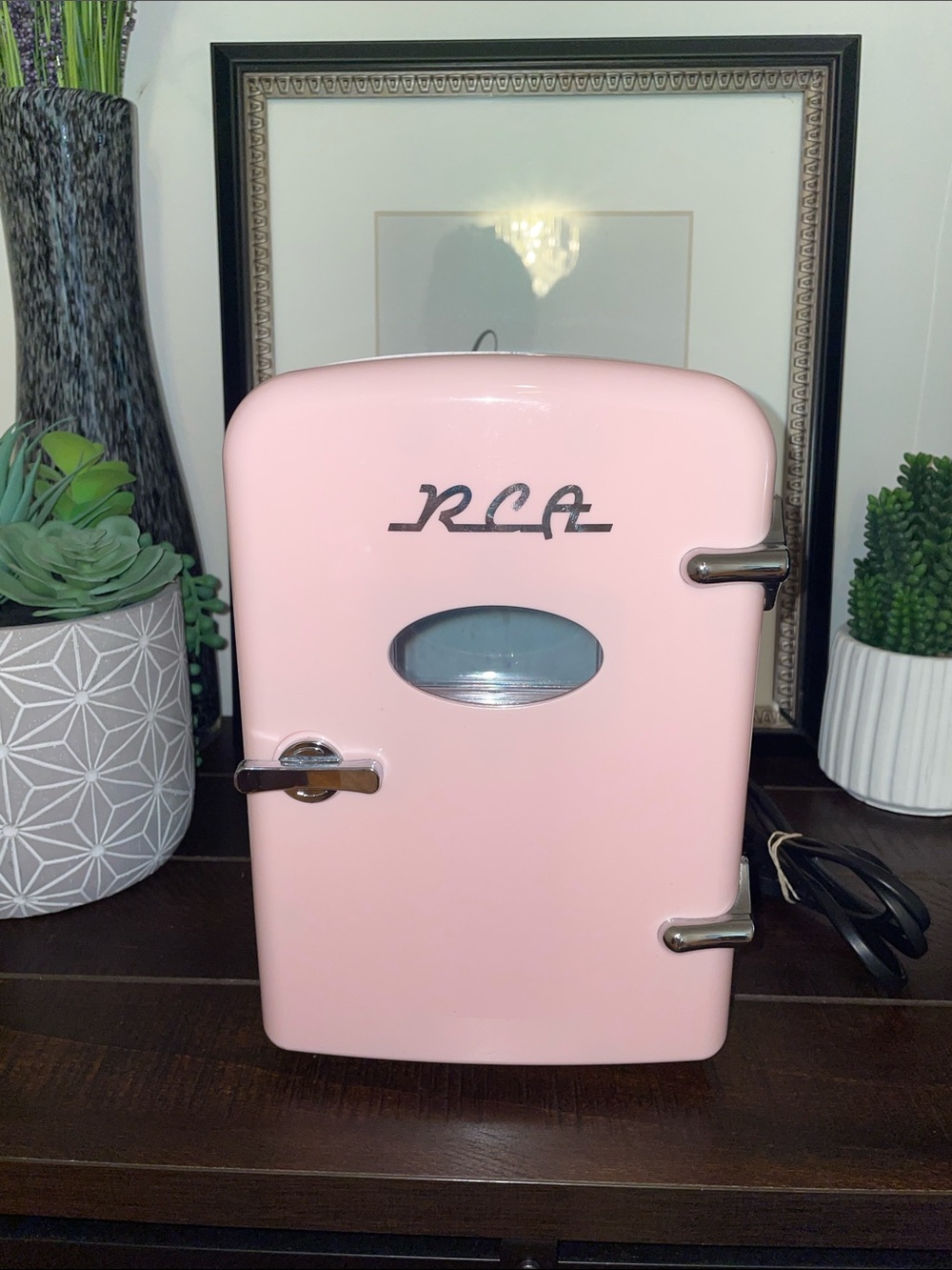RCA Pink Retro Mini Fridge - Compact Personal Cooler Tabletop 6 Cans Cooler